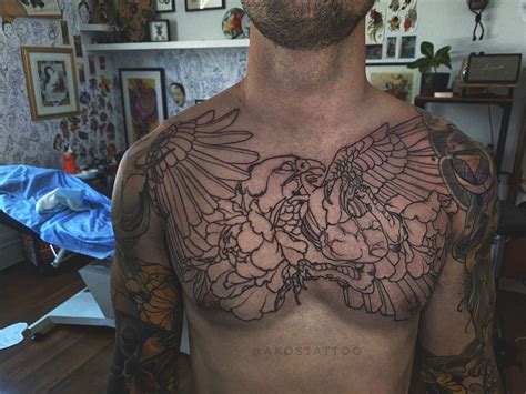 Neo traditional Eagle and Heart chest tattoo done by Akos Tattoo | Neo ...