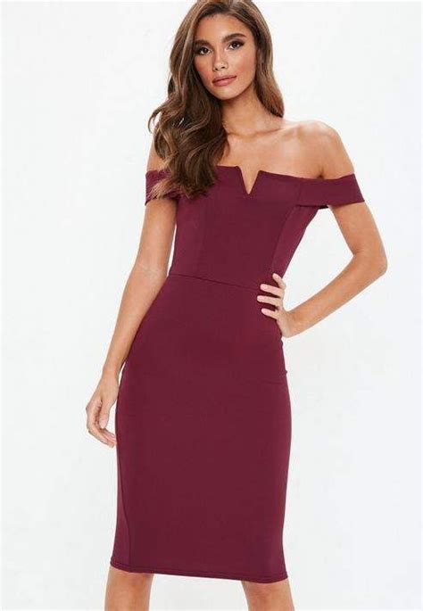 Missguided Purple V Front Bardot Midi Dress Front Purple Missguided