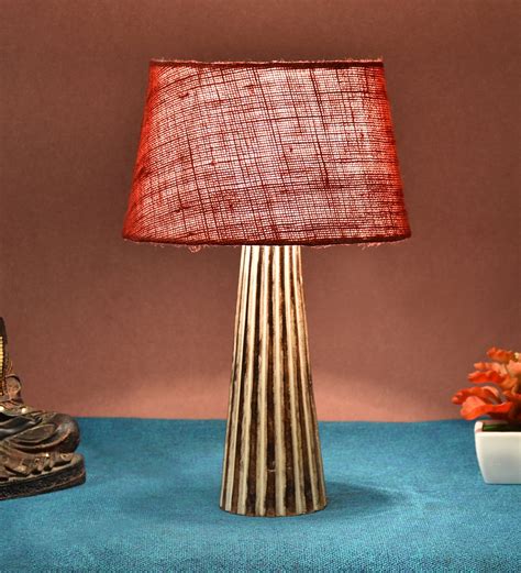 Buy Healy Maroon Natural Fiber Shade Night Lamp With Wood Base By