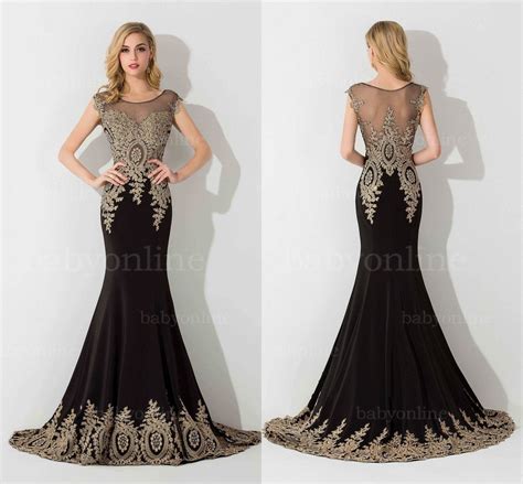 Sexy Black Mermaid Prom Dresses With Gold Appliques Beaded Sheer Neck