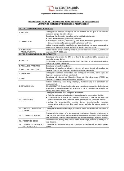 INSTRUCTIVO PARA EL LLENADO DEL FORMATO ÚNICO DE DECLARACIÓN JURADA DE