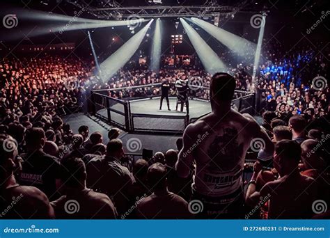 Cage Fight Arena With Packed Crowd Cheering On Their Favorite Fighter