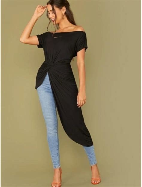 Buy Shein Womens Elegant Asymmetrical Twist Front Off Shoulder Top Plain High Low Blouse Online