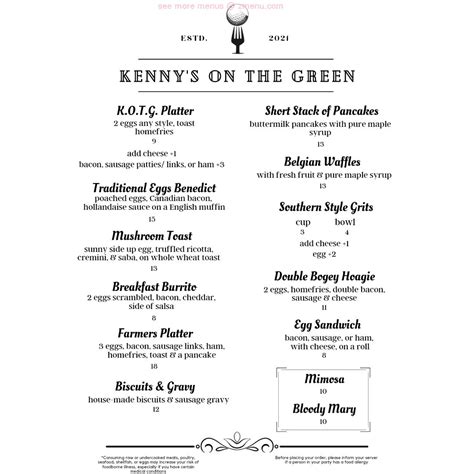 Menu at Kenny's on the Green restaurant, Riverhead