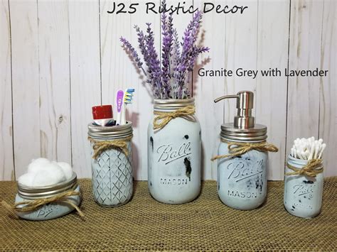 5 Piece Rustic Mason Jar Bathroom Set Distressed Mason Jar Etsy