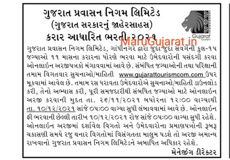 Gujarat Tourism Recruitment For Various Posts 2021