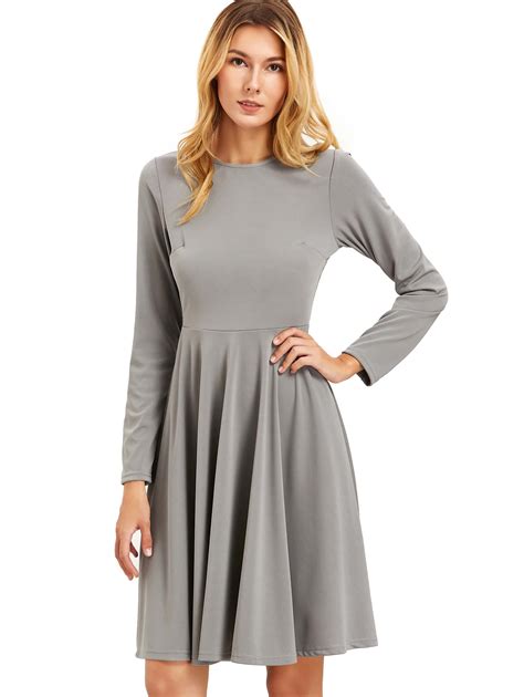 Dark Grey Pleated Long Sleeve A Line Dress Shein Sheinside