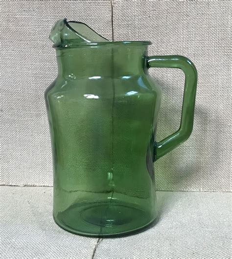 Vintage Heavyweight Green Glass Water Pitcher Curved Lip Mid Etsy