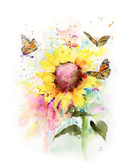 SUNFLOWER and BUTTERFLIES Watercolor Art Print Botanical - Etsy ...