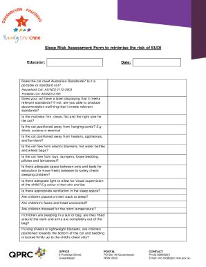 Fillable Online Sleep Risk Assessment Form To Minimise The Risk Of Sudi