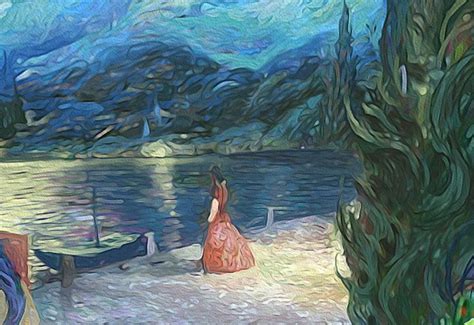 A Painting Of A Woman In A Red Dress By The Water