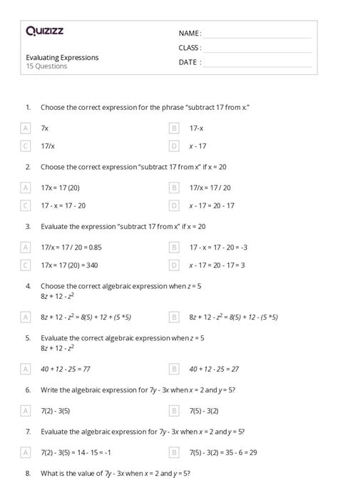 50 Evaluating Expressions Worksheets For 6th Grade On Quizizz Free And Printable