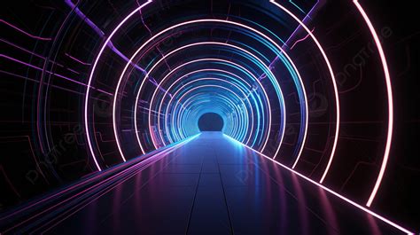 Abstract Virtual Reality Tunnel With Glowing Neon Circle Portal And