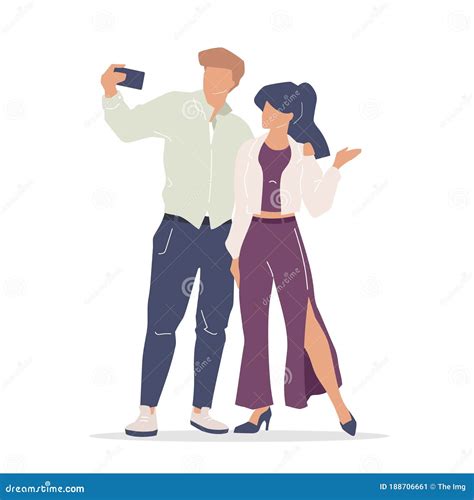 Models Taking Selfie Flat Color Vector Faceless Characters Stock Vector