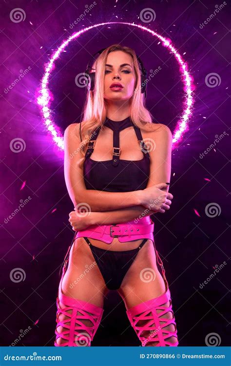 Poster With Hot Dj Dancer Woman In Neon Lights Portrait Of Tdj At The Night Club Party Mixtape