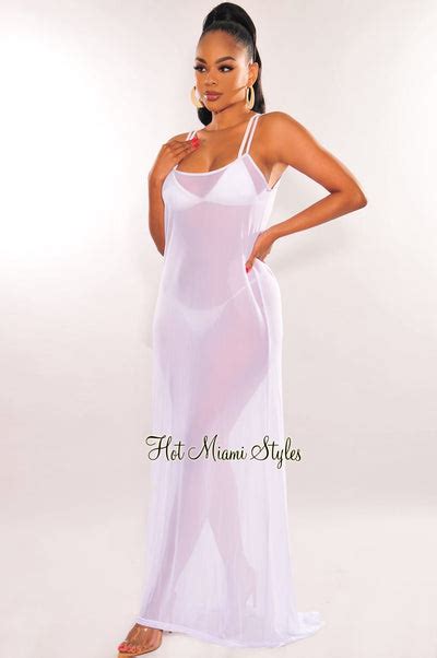 White Mesh Sheer Spaghetti Straps Maxi Dress Cover Up Hot Miami Styles