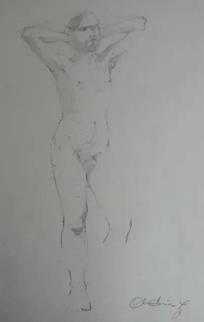 Male Nude Original Pencil Drawing Not A Print Self Portrait Eur