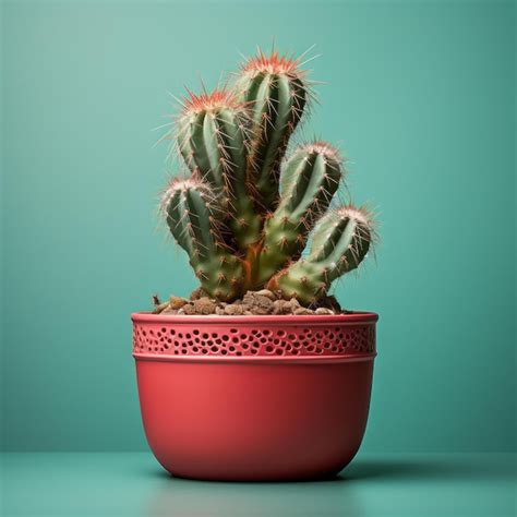 Una Planta De Cactus En Una Olla Roja Sobre Un Fondo Azul Vector Premium