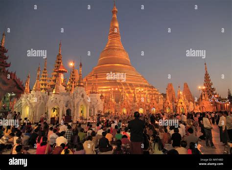 Myanmar Yangon Shwedagon Pagoda People Night Illuminated Stock