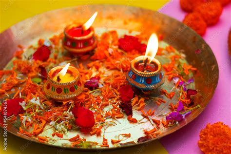 Happy Diwali candle lit with decorative background. Stock Photo | Adobe ...