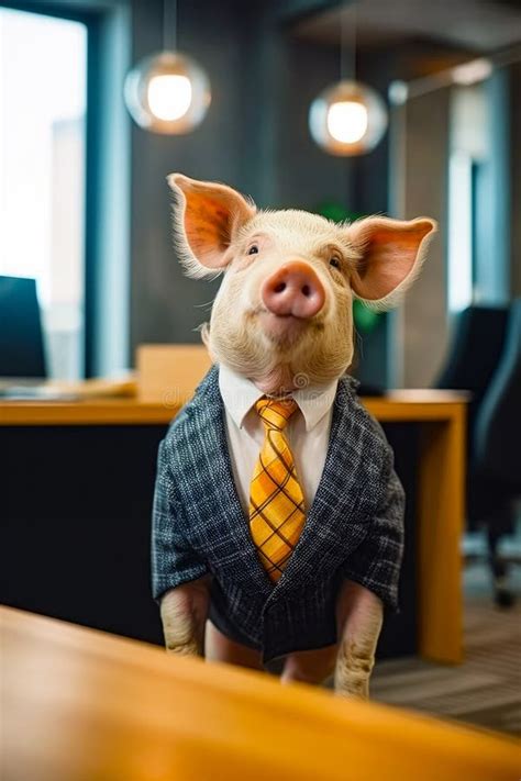 Pig Wearing Suit And Tie Sitting On Desk In Office Generative Ai Stock