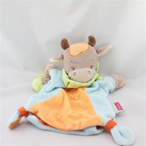 Doudou Plat Marionnette Girafe Vache Marron Bleu Orange NATTOU