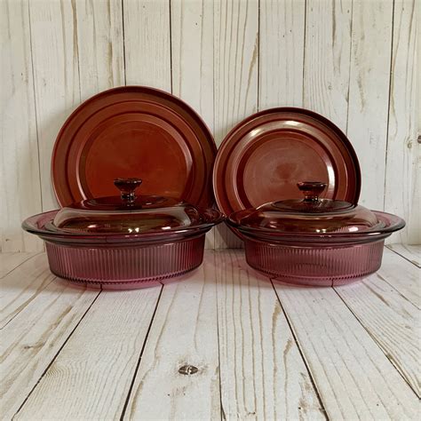 Six Piece Corning Vision Cranberry Ribbed Glass Casseroles Etsy