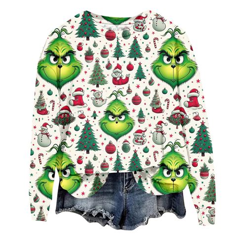 2024 Christmas Grinch Printing Sweatshirt Women S Loose Fit Pullover Long Sleeve Round Neck