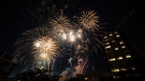 Fireworks Lighting Up The Sky Above Various Buildings Background Spark