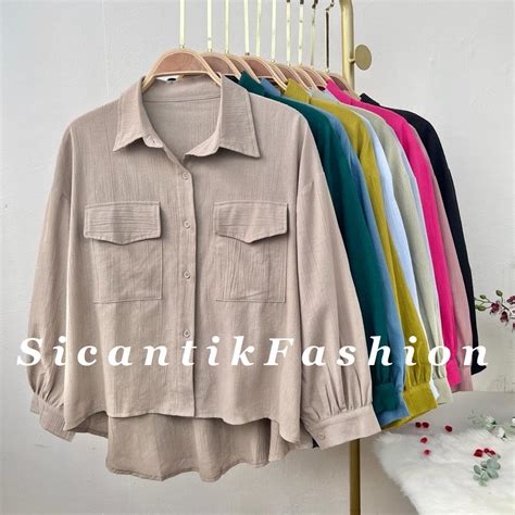 Jual Kemeja Wanita Oversize Linen Kringkel Shirt Oversize Pocket