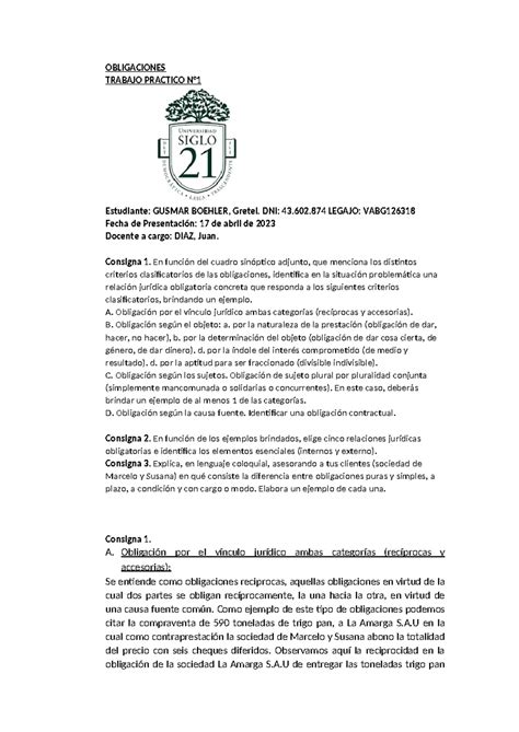 Obligaciones TP1 OBLIGACIONES TRABAJO PRACTICO N Estudiante GUSMAR