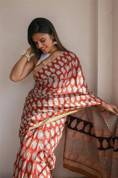 Princess In Red Dabu Hand Block Print Mulmul Cotton Bagru Saree