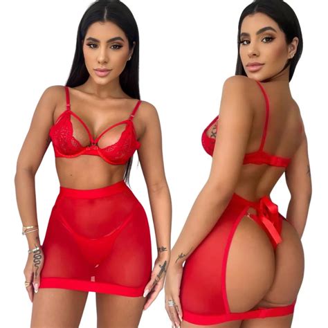 Conjunto Lingerie Sexy Feminino Trio Pe As Saia Tule Suti Arco