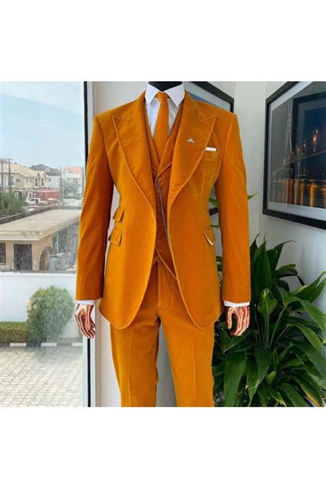 Kaden Orange Peaked Lapel Corduroy Peaked Lapel Men Suits