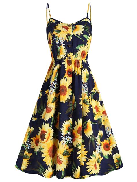 26 Off 2021 Plus Size Sunflower Print A Line Dress In Dark Slate Blue Dresslily