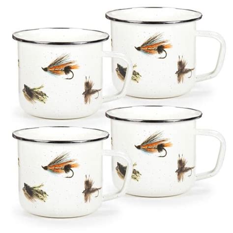 Golden Rabbit 24 Oz Fishing Fly Enamelware Grande Mugs Set Of 4