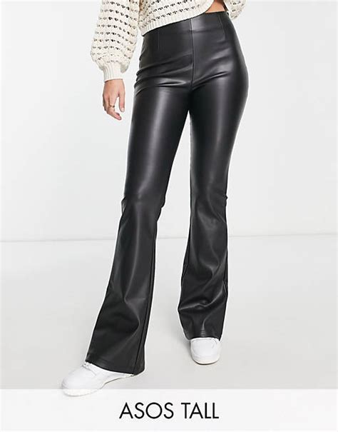 Asos Design Tall Stretch Faux Leather Flare Trouser In Black Asos