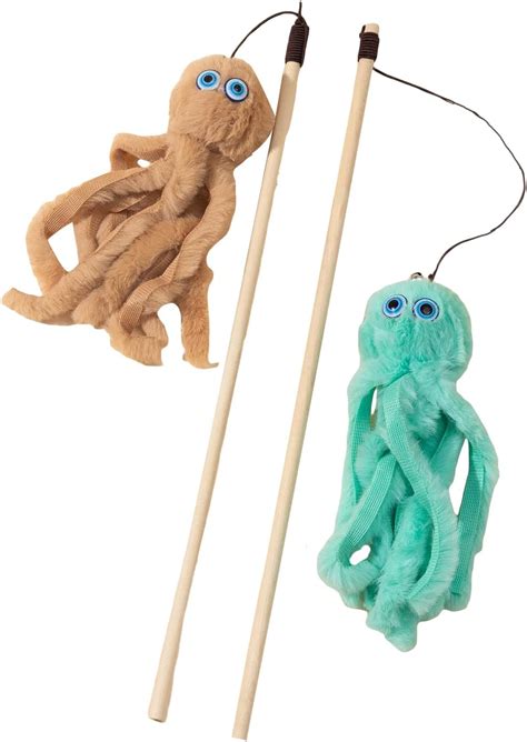 Qwinee 2pcs Cartoon Octopus Shaped Plush Cat Wand Teaser