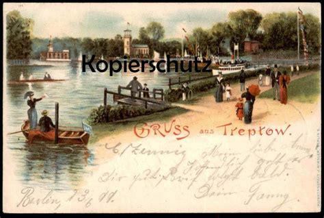 Alte Litho Postkarte Gruss Aus Treptow Berlin Paar Im Boot Cpa