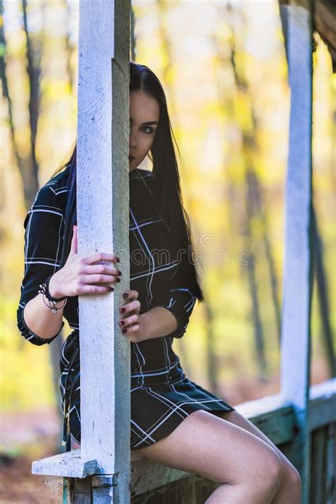 Picture With A Beautiful Brunette In The Autumn Forest Near To A Stock Image Image Of Eyes