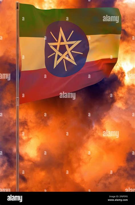 Ethiopia Flag With Sky Background Waving Banner National Flag Of