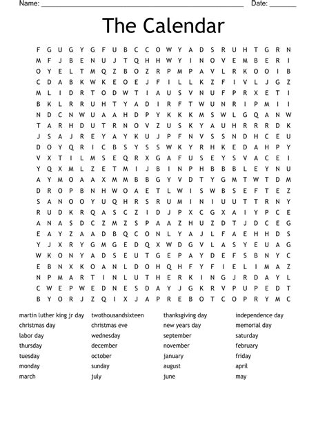 The Calendar Word Search Wordmint