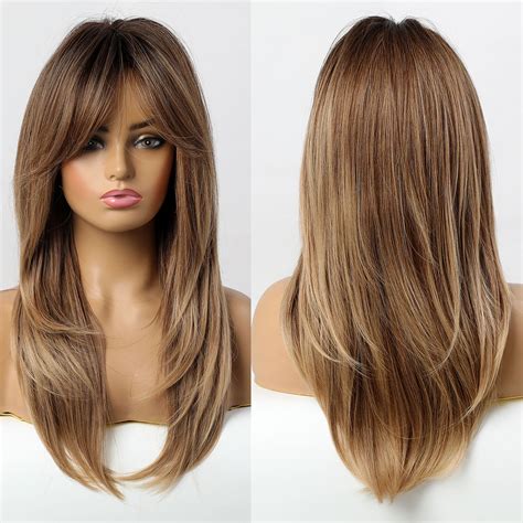 Ombre Dark Brown Blonde Synthetic With Side Bangs Long Wavy Wigs