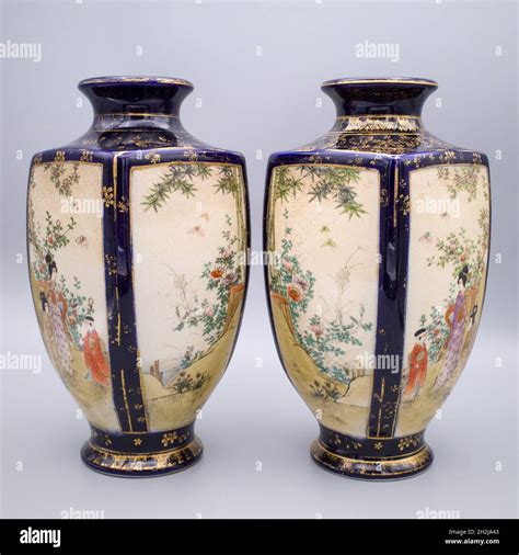 Pair Of Antique Japanese Blue Ground Satsuma Vases By Kusube Sennosuke