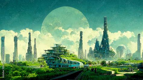 Green Utopia Anime Futuristic City Skyline Scenery Art Illustration ...