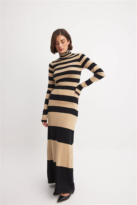 Fine Knitted Striped Maxi Dress Beige Na Kd