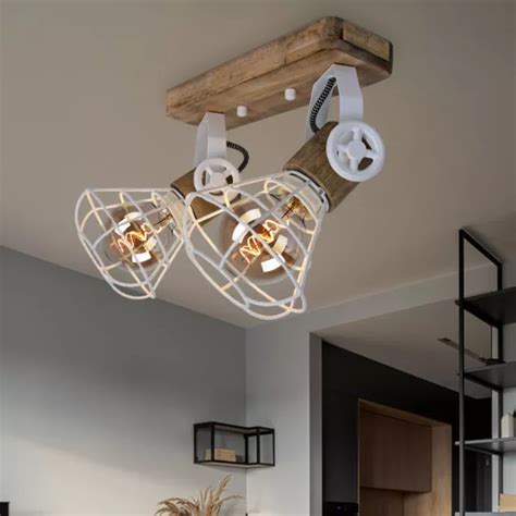 PLAFONNIER APPLIQUE LUMINAIRE Sportif Pivotant Bois Grille Blanc 2 à