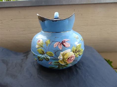 Ancien Pichet Broc En Tole Emaillee A Decor Floral En Relief Eur