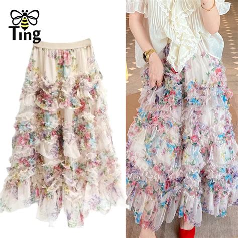 Ting Fly Frauen Mode R Schen Blumen Eine Linie Midi Lange Alle