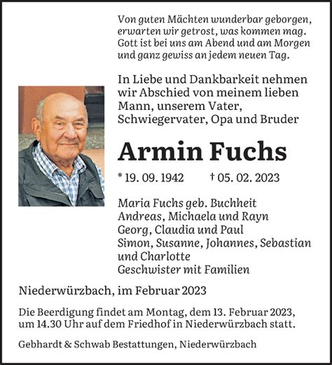 Traueranzeigen Von Armin Fuchs Saarbruecker Zeitung Trauer De